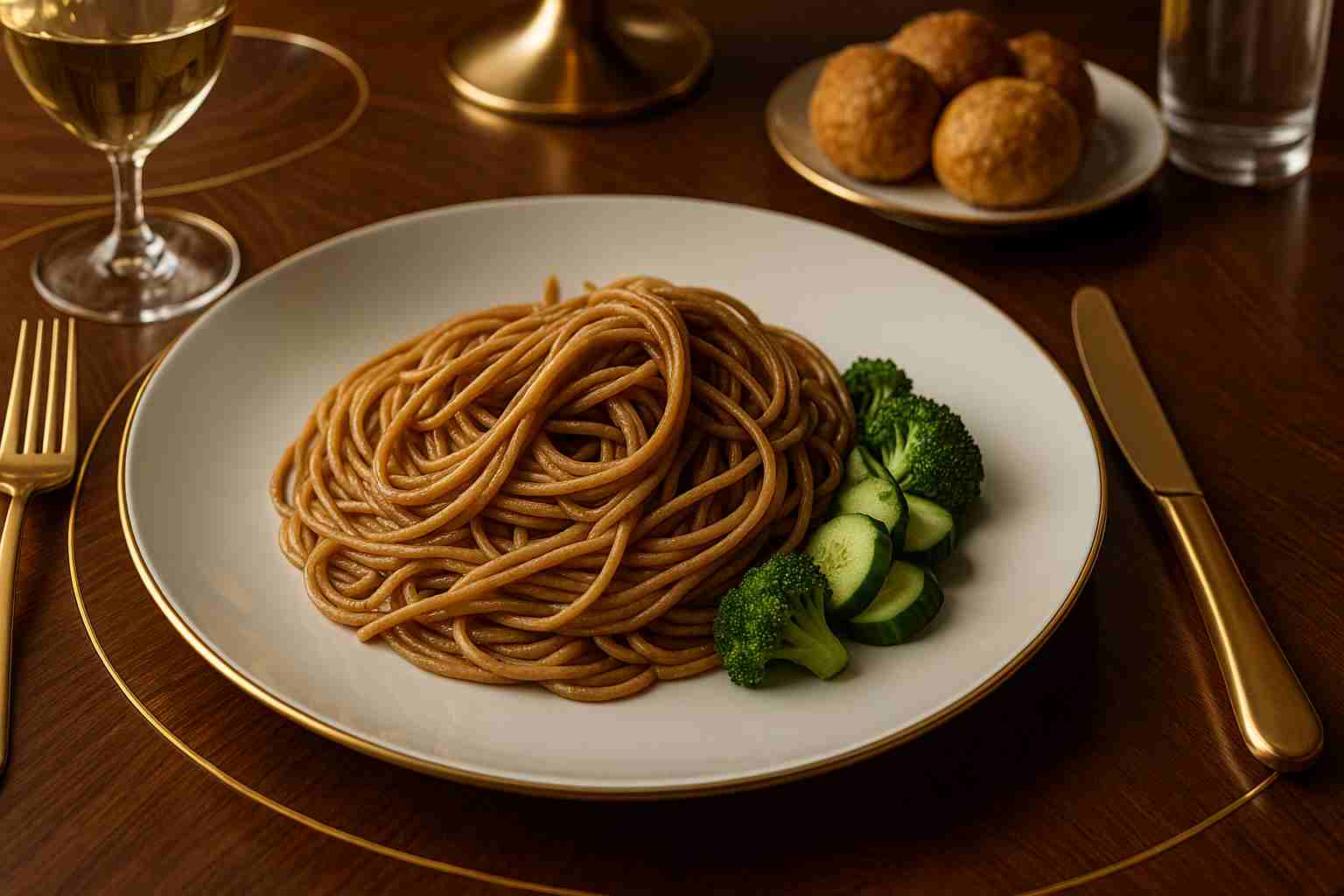 Comer carbohidratos - ¿Comer más veces al día acelera el metabolismo? Vajilla elegante con cubiertos dorados en forma de reloj sobre mesa oscura, acompañada de alimentos saludables y copa de vino