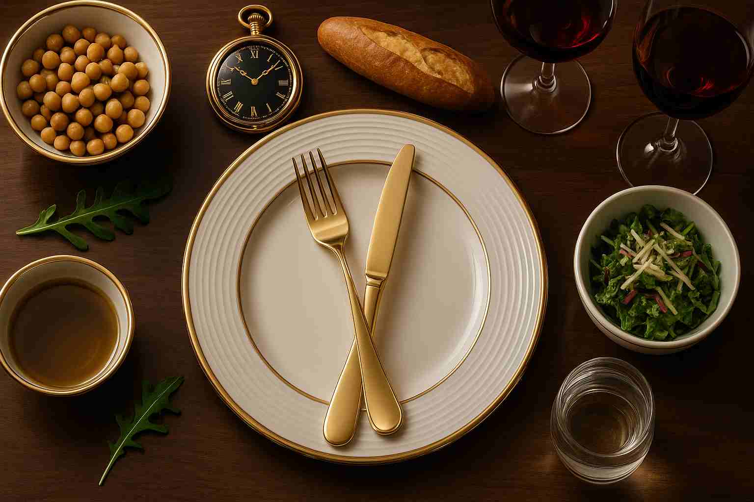 comer mas acelera el metabolismo - "Comer carbohidratos después de las 18.00 engorda" Vajilla elegante con cubiertos dorados en forma de reloj sobre mesa oscura, acompañada de alimentos saludables y copa de vino
