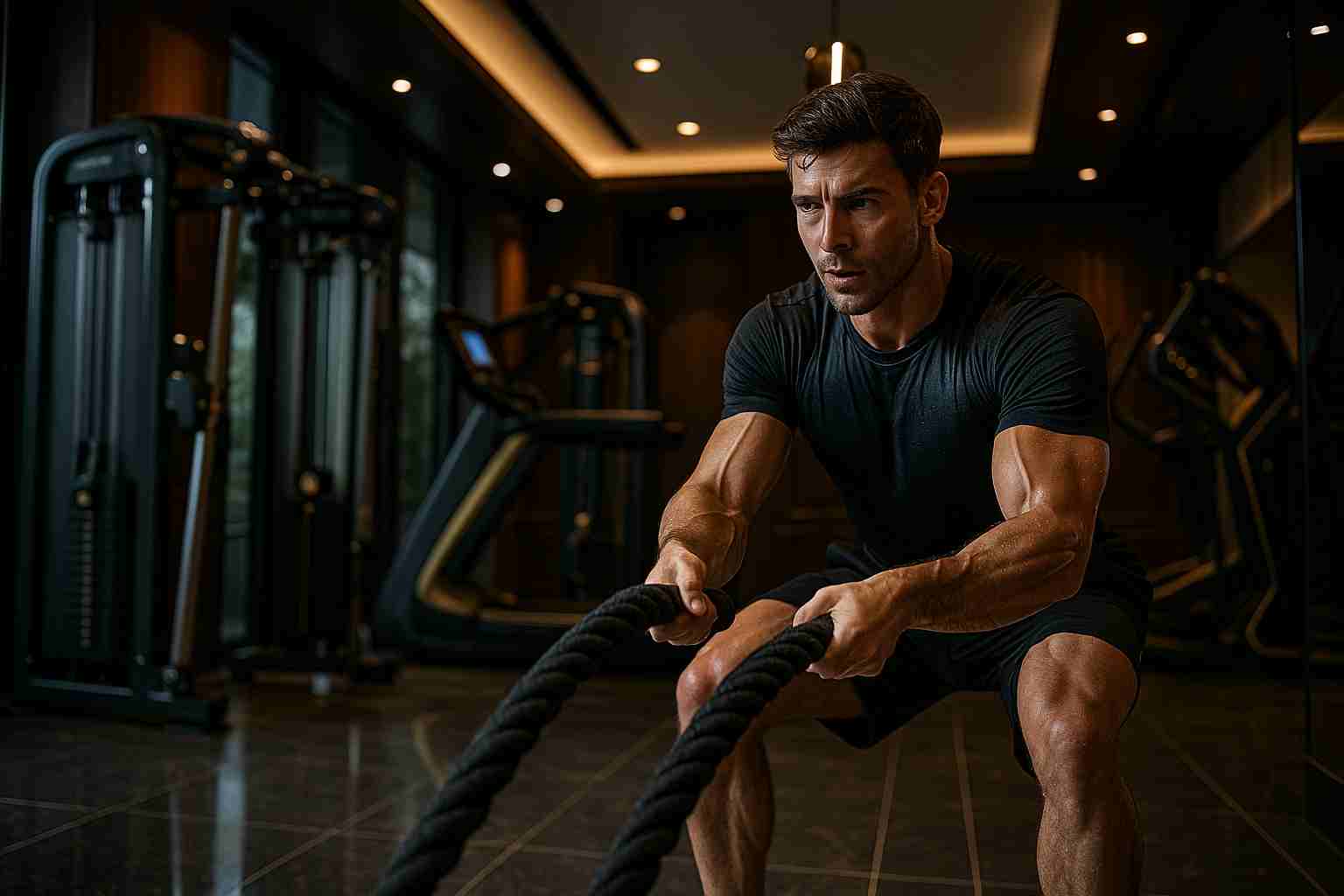 hiit teorias - Hiit Deportista joven realizando entrenamiento HIIT intenso con cuerdas en un gimnasio premium