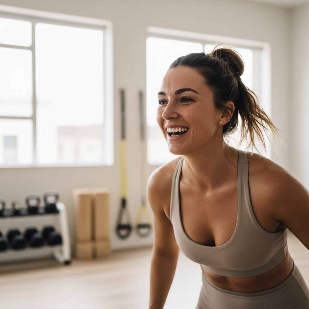 Mujer riendo durante una sesión de entrenamiento en gimnasio, mostrando motivación y disfrute del ejercicio.
