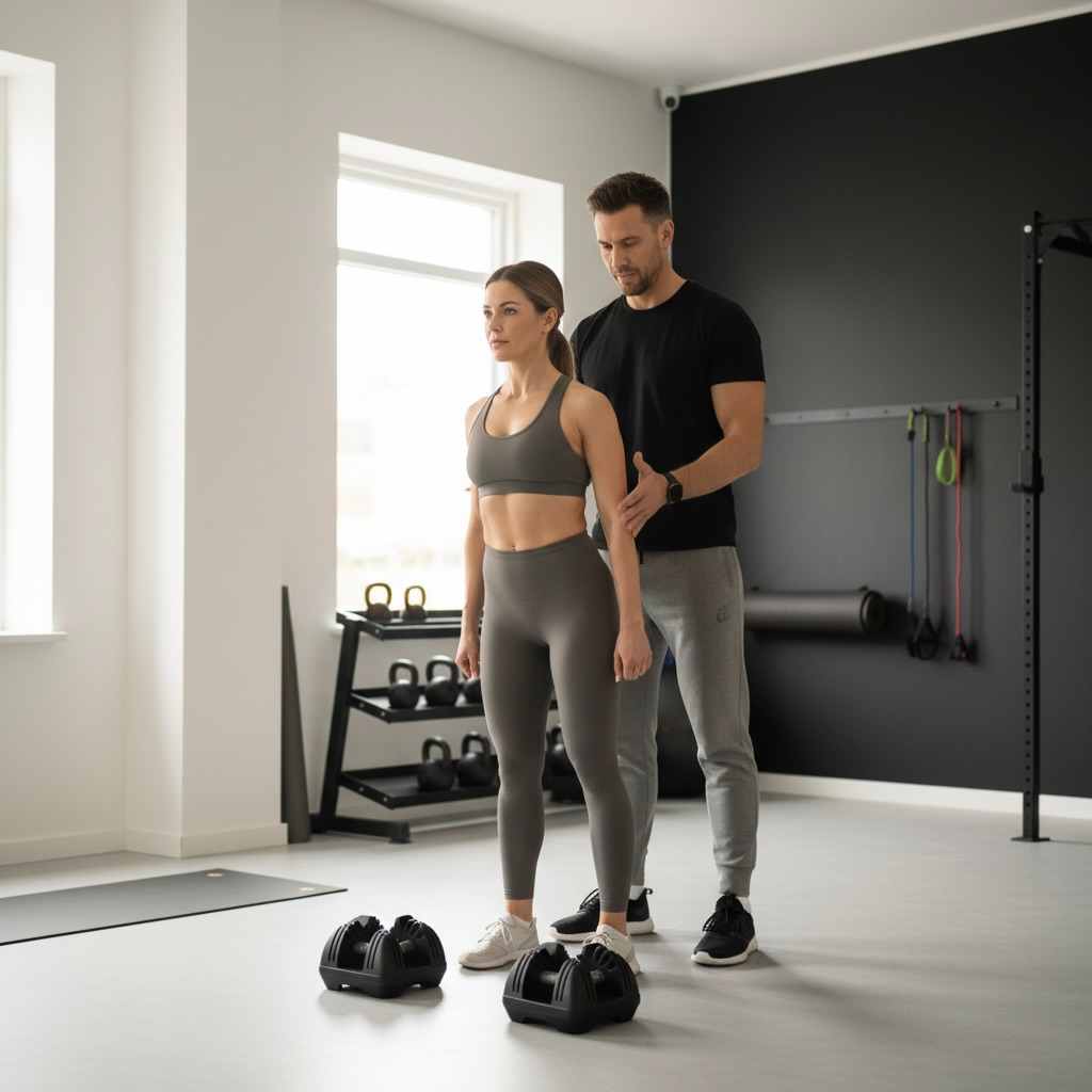 plan entrenamiento personalizado ag45 - Entrenador personal a domicilio en Madrid: la guía definitiva del método AG45 Entrenador personal de AG45 guiando a una clienta durante un entrenamiento personalizado en un gimnasio boutique luminoso de Madrid