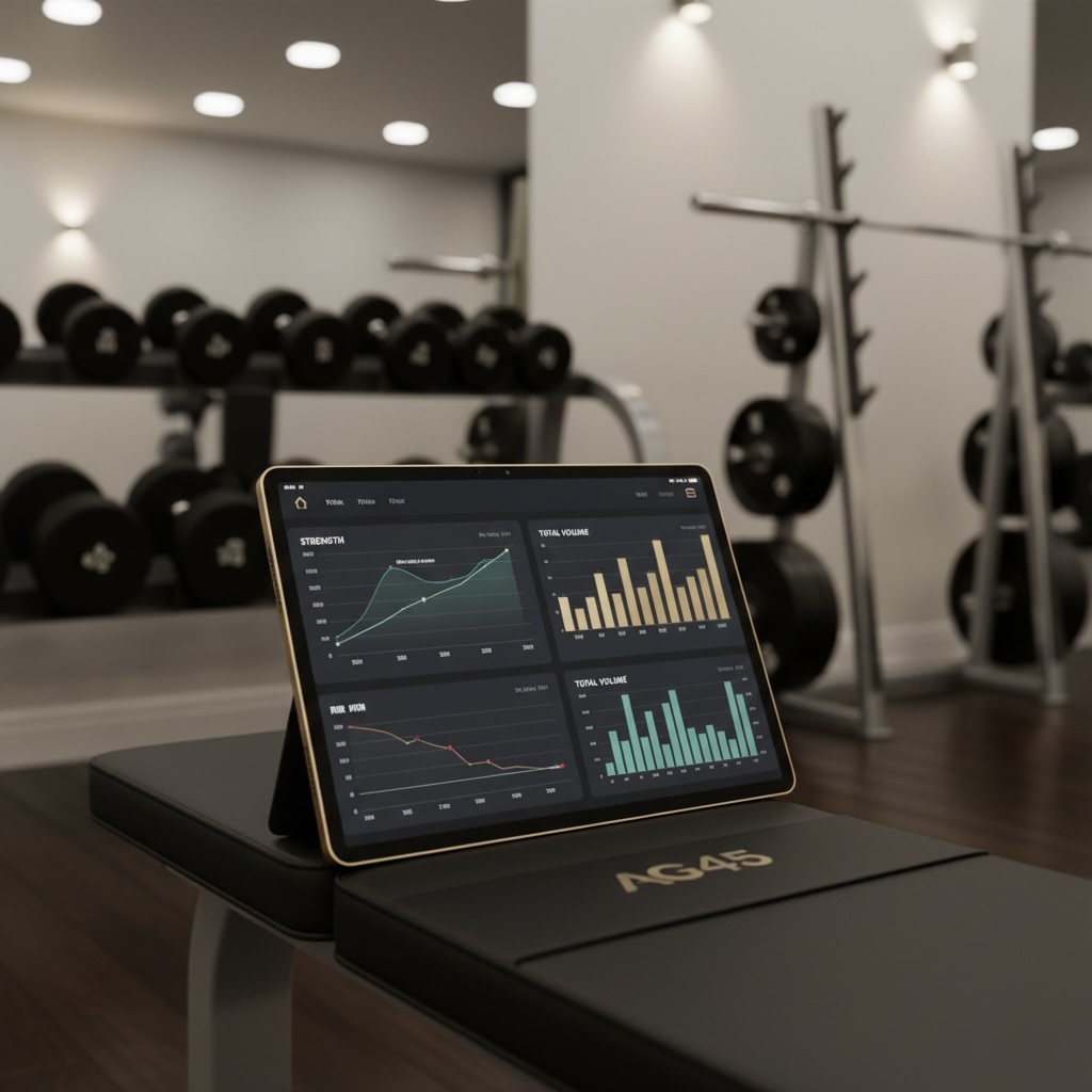 Progresion - Sobrecarga progresiva: cómo planificamos tus progresos en el gym boutique del Barrio Salamanca Tablet mostrando gráficos de progresión y datos de sobrecarga progresiva usados en el método AG45.