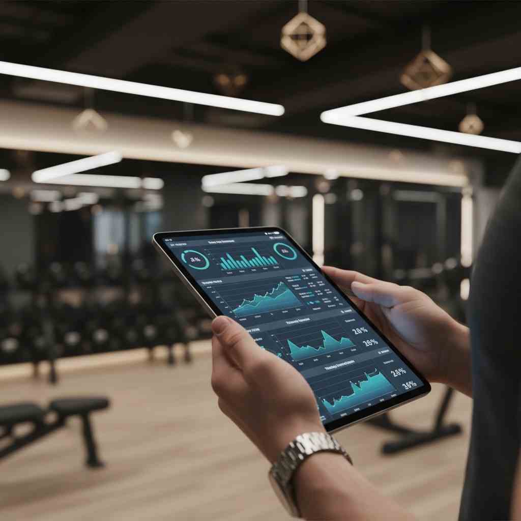 manternerse en forma en Diciembre 2 compressed - Mantenerse en forma en diciembre: la guía esencial AG45 para disfrutar sin perder resultados Entrenador personal AG45 analizando datos de entrenamiento para mantenerse en forma en diciembre en Madrid.